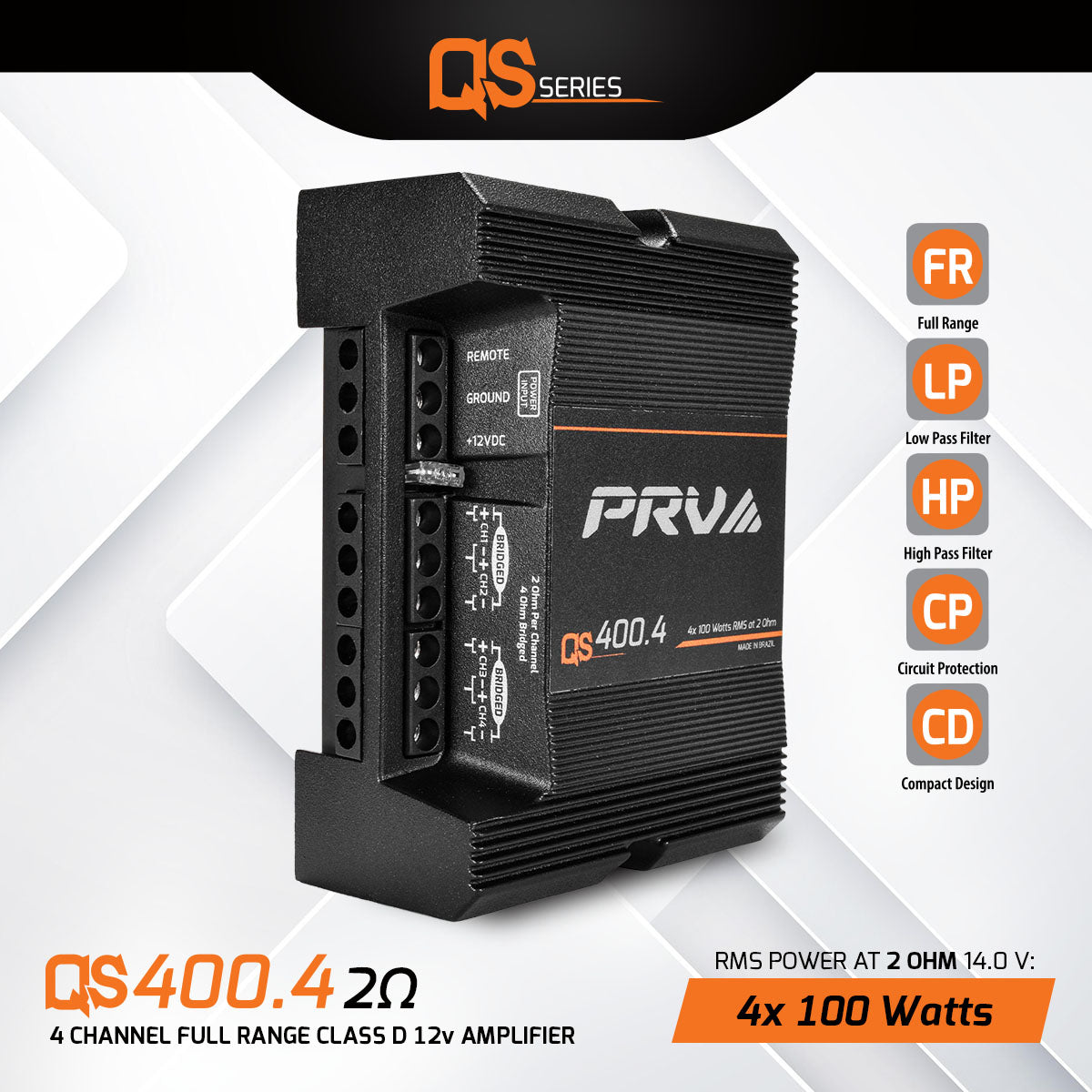 PRV Audio QS400.4 2 Ohm Mini Compact 4 Channel Car Audio Amplifier 4 x 100 Watts RMS at 2 Ohm