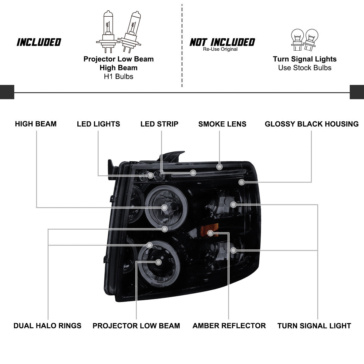 Spec-D 07-13 Silverado Halo Projector Headlights Smoked