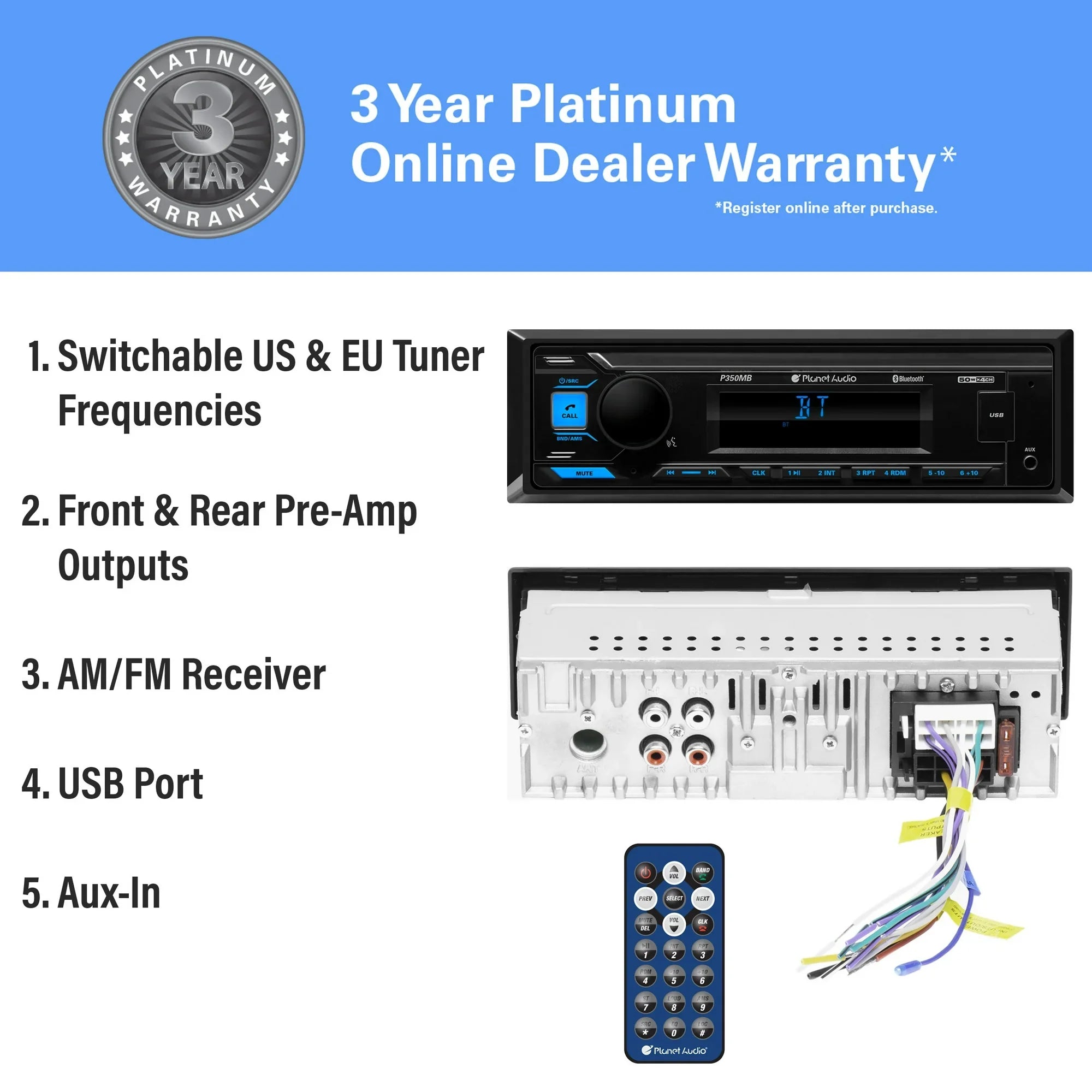 Planet Audio P350MB Car Audio Stereo System - Single Din, Bluetooth Audio and Calling Head Unit, MP3