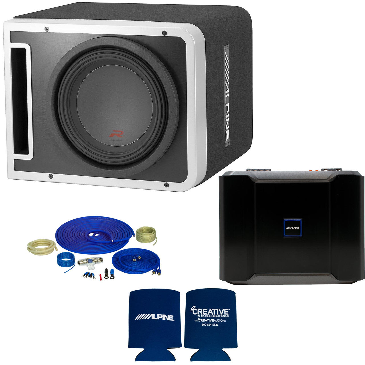 Alpine R-SB10V Pre-Loaded R-Series 10-inch Subwoofer Enclosure, Alpine R-A75M 750 Watt Mono Amplifier, and Wiring Kit