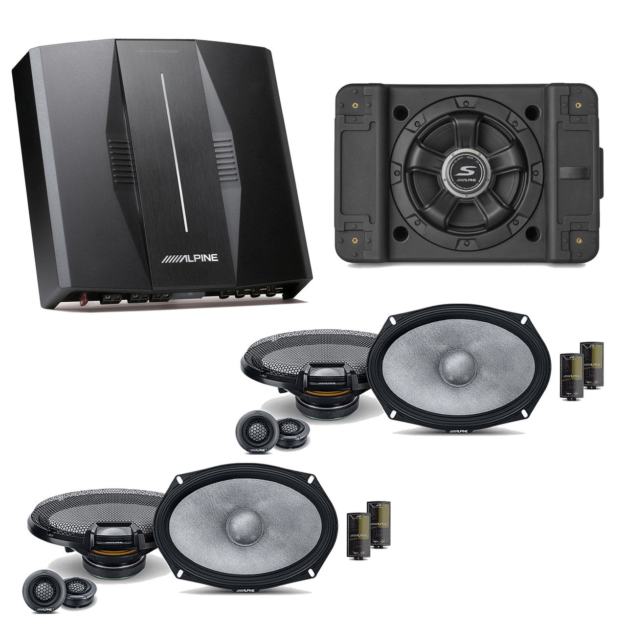 Alpine PXE-C80-88 OPTIM8 8-Channel Hi-Res Digital Sound Processor Amplifier w/ SS-SB12 Subwoofer, (2) R2-S69C Bundle