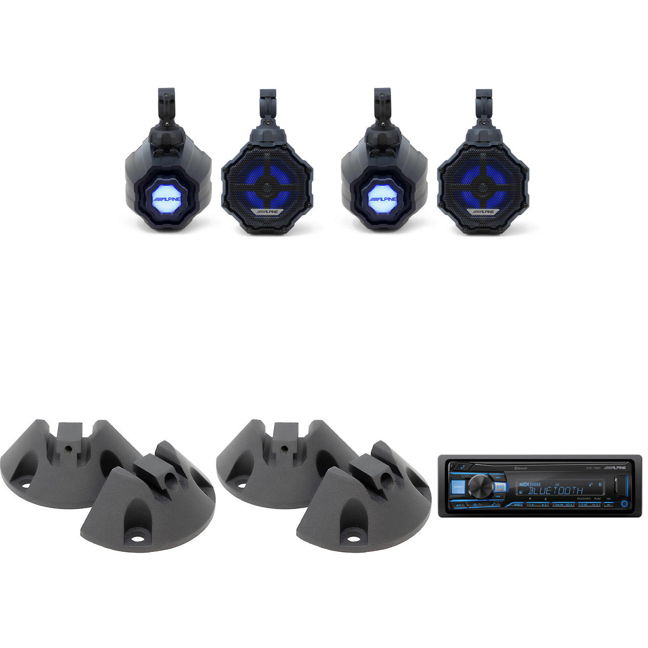 Alpine (2 pair ) SPV-65RGB-CAN 6.5” Cage-Mounted Universal Weather-Resistant Coaxial RGB LED Speaker Pods w/ KTE-65CAN-SM Surface Mounts & UTE-73BT Source Unit