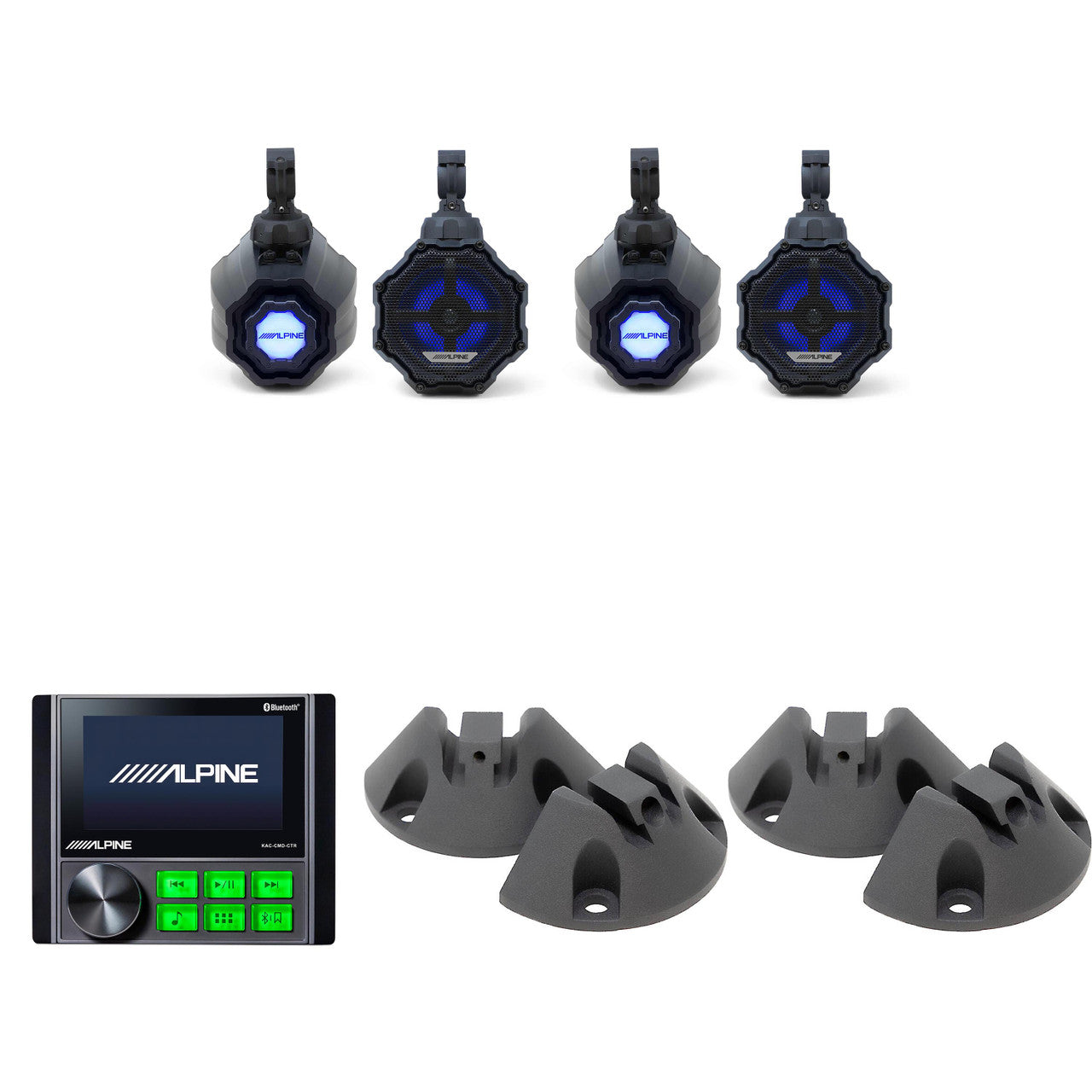 Alpine KAC-CMD-CTR Power Sports / Marine Source, (2 Pair ) SPV-65RGB-CAN 6.5” Cage-Mounted Universal Weather-Resistant Coaxial RGB LED Speaker Pods w/ KTE-65CAN-SM Surface Mounts