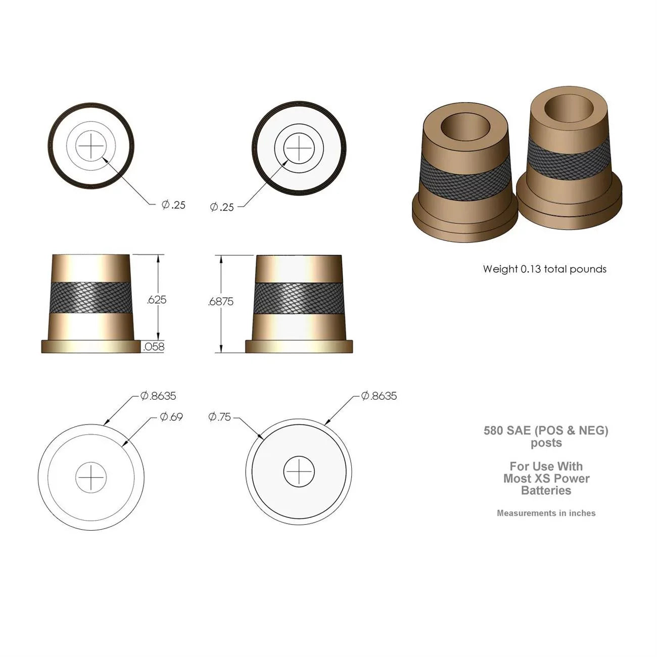 XS Power Batteries 580 6 mm Short Brass Post Adaptor