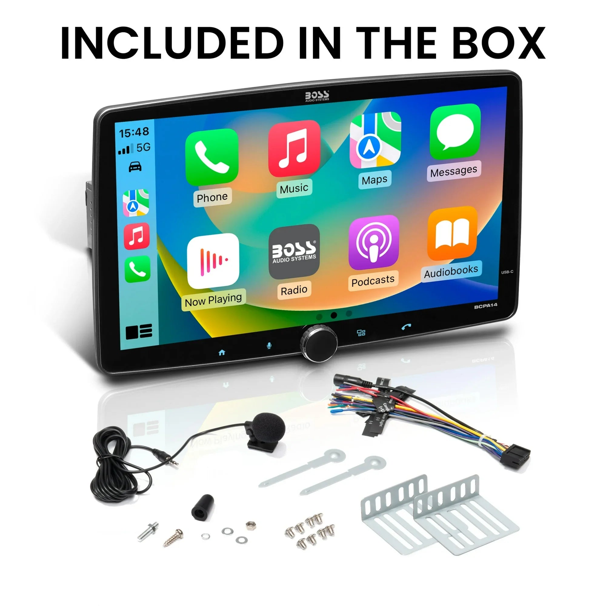 BOSS Audio Systems BCPA14 Car Stereo - Apple CarPlay, Android Auto, Single Din, 14 Inch Capacitive Touchscreen, Bluetooth, No DVD CD Player, AM/FM Radio Receiver, Multicolor Illumination