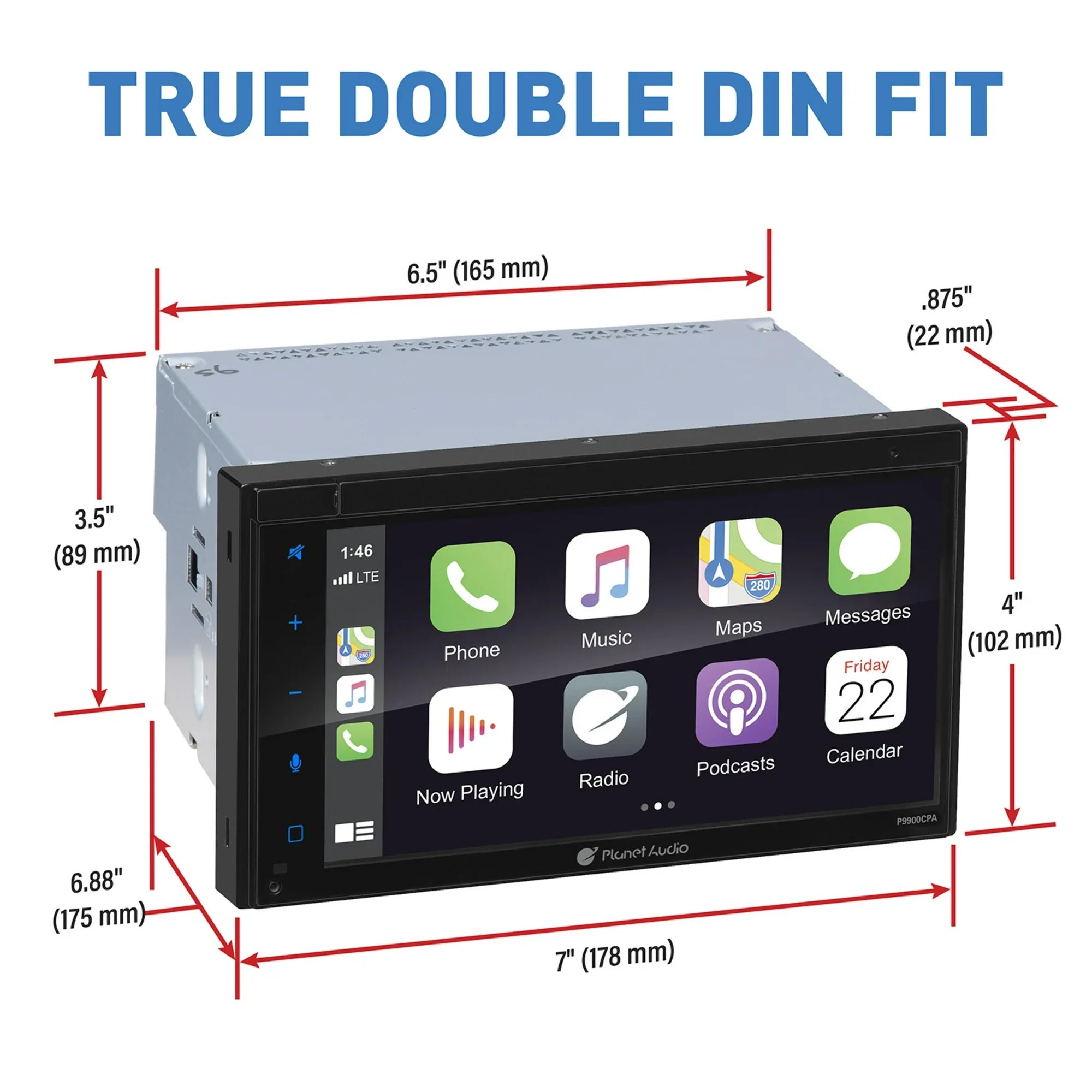 Planet Audio P9900CPA Car Stereo - Apple CarPlay, Android Auto, Double-Din, 6.75 Inch Touchscreen, Bluetooth, No DVD CD Player, AM/FM Radio Receiver, USB