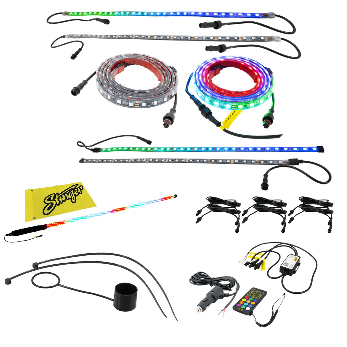 Stinger 4ft Dynamic LED Whip Light & 6pc Dynamic RGB LED Strip Light Kit Bundle - ENLIGHT10 App Compatible