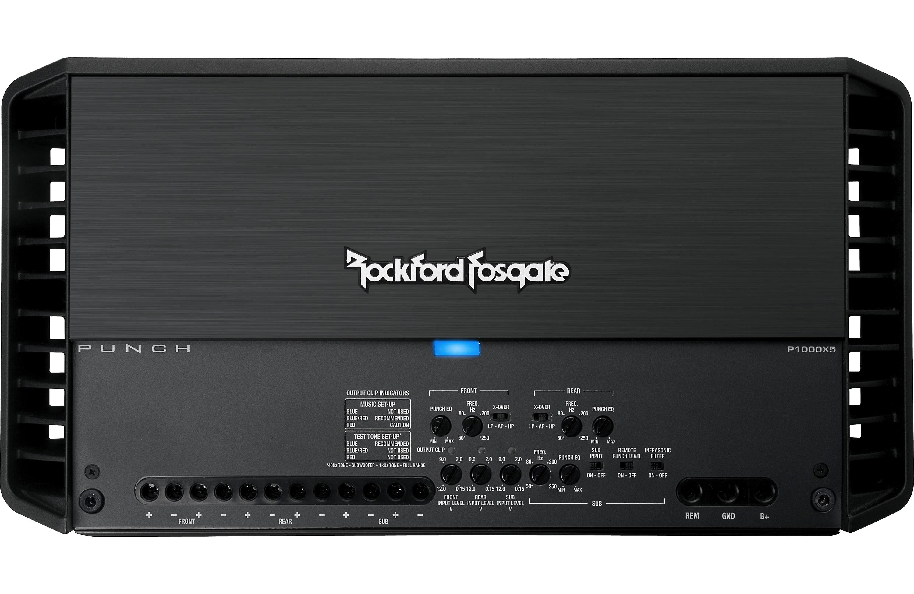 Rockford Fosgate Punch P1000X5 5-channel car amplifier — 75 watts RMS x 4 at 4 ohms + 500 watts RMS