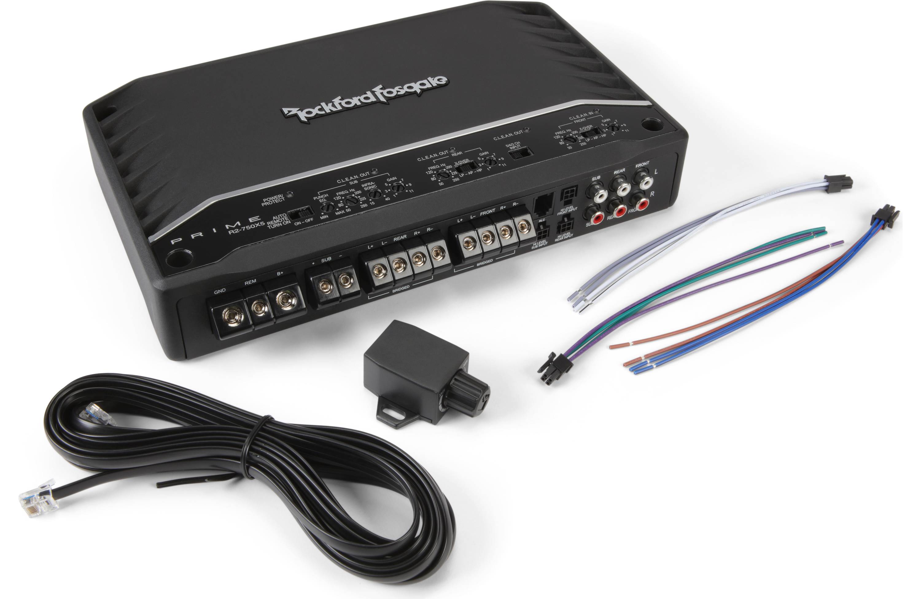 Rockford Fosgate R2-750X5 Prime Series 5-channel car amplifier — 50 watts RMS x 4 at 4 ohms + 350 watts RMS x 1 at 2 ohms