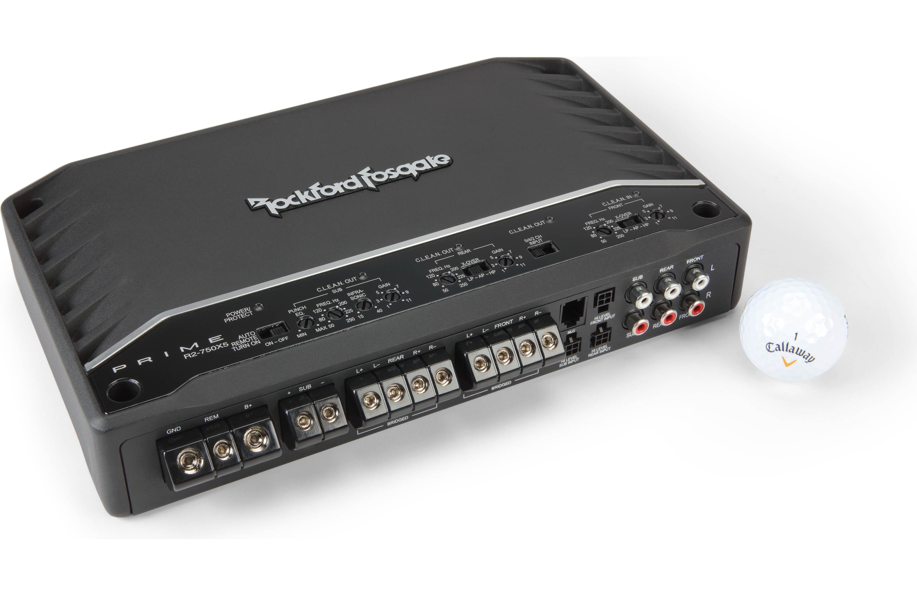 Rockford Fosgate R2-750X5 Prime Series 5-channel car amplifier — 50 watts RMS x 4 at 4 ohms + 350 watts RMS x 1 at 2 ohms