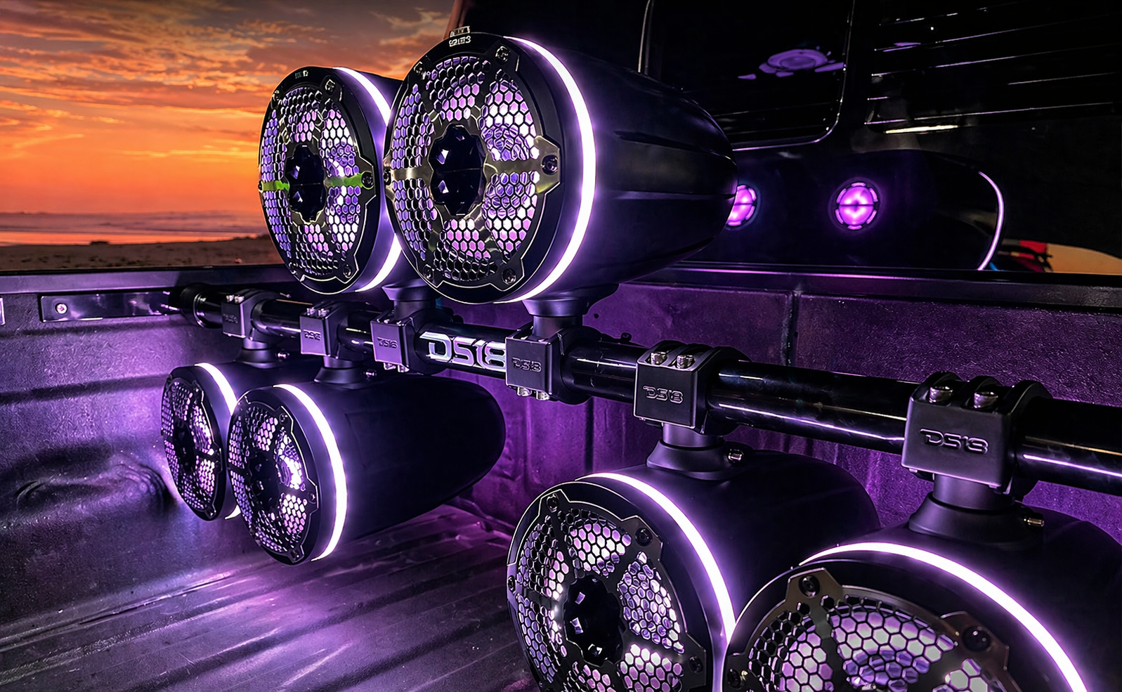 Jeep Gladiator JT Mounting Bar + 4x 8” Marine Tower Speakers with RGB LED Lights