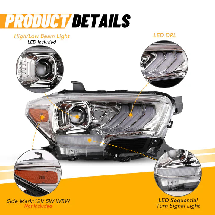 Winjet 2016-2019 Toyota Tacoma/2020-2023 Tacoma SR SR5 TRD Sport DRL Head Lights - Chrome/Clear