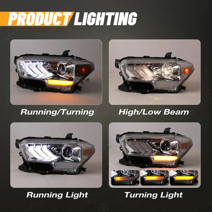 Winjet 2016-2019 Toyota Tacoma/2020-2023 Tacoma SR SR5 TRD Sport DRL Head Lights - Chrome/Clear