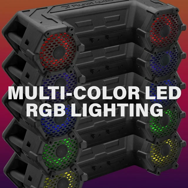 Planet Audio PATV65RGB ATV UTV Audio Stereo Sound System - 6.5 inch Speakers, 1.5 inch Tweeters, Built-in Amplifier, Bluetooth, LED Lightbar, Multicolor Illumination, Weatherproof, Easy Installation