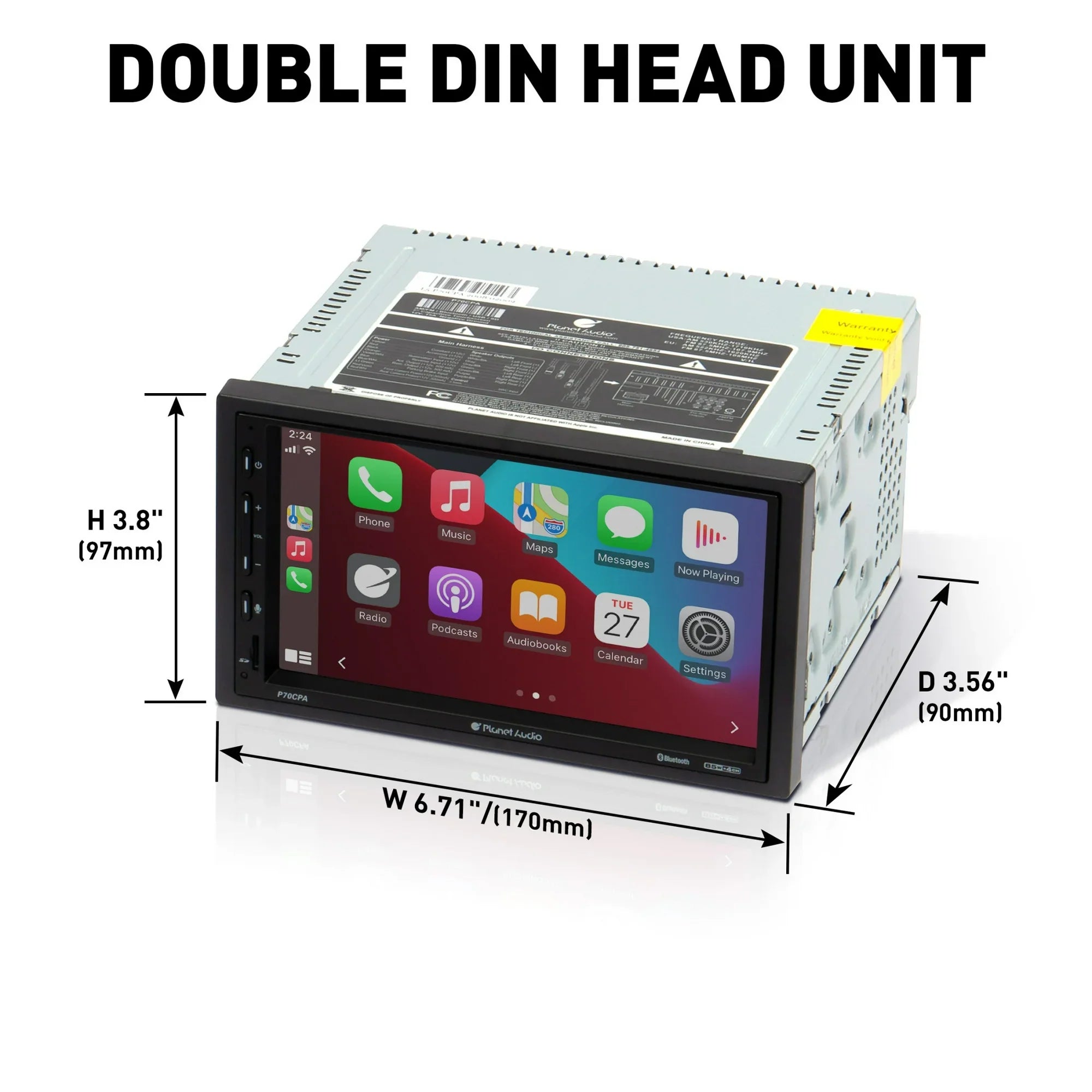 Planet Audio P70CPA-C Car Stereo - Apple CarPlay, Android Auto, Double Din, 7 Inch Touchscreen, Bluetooth, No CD DVD Player, AM/FM Radio Receiver, Backup Camera