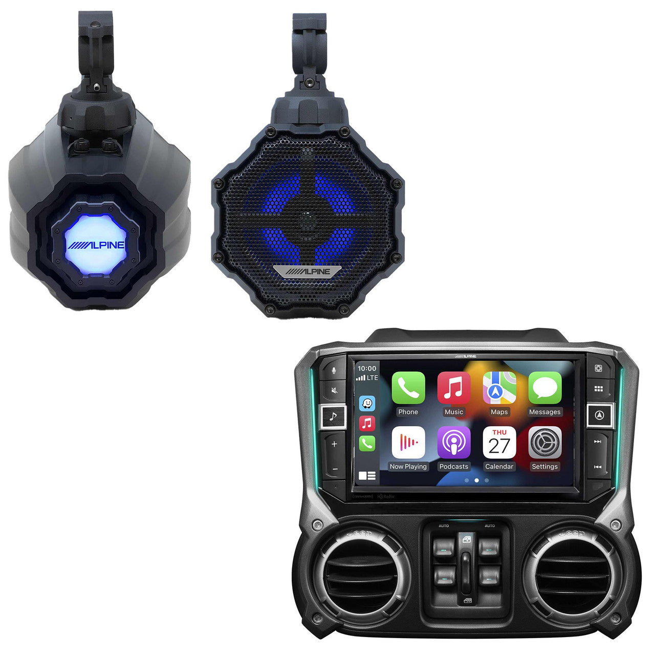 Alpine I509-WRA-JK Receiver w/ SPV-65RGB-CAN 6.5” Cage-Mounted Universal Weather-Resistant Coaxial RGB LED Speaker Pods