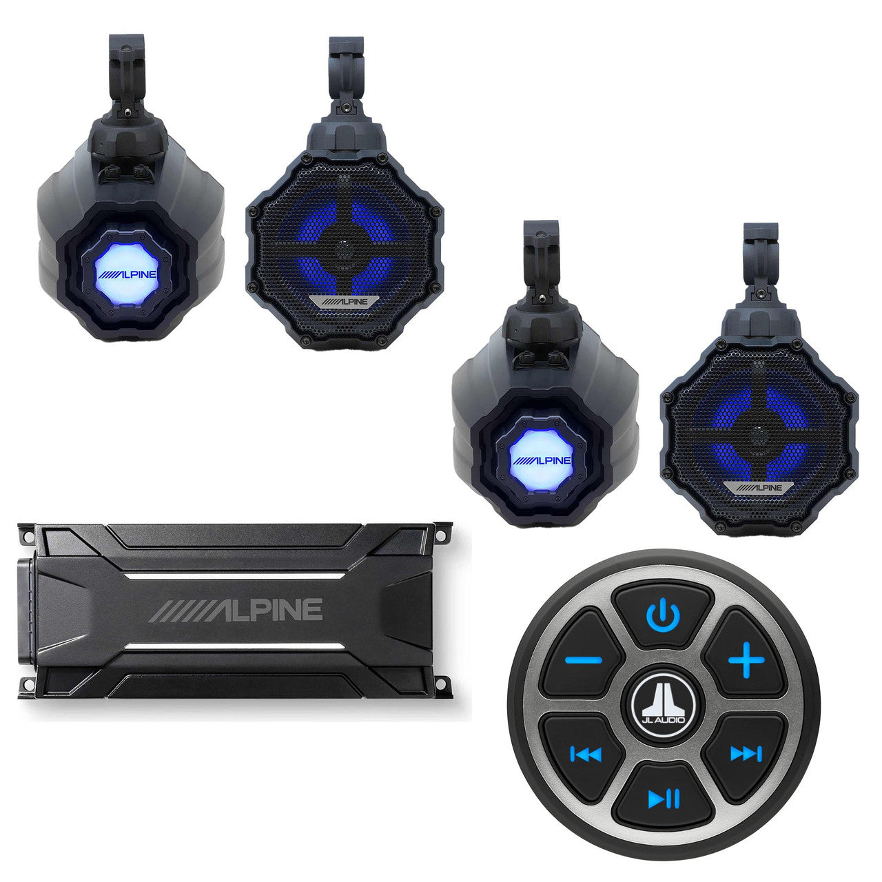 Alpine (2) SPV-65RGB-CAN 6.5” Cage-Mounted Universal Weather-Resistant Coaxial RGB LED Speaker Pods w/ Bluetooth Control Source and Amp