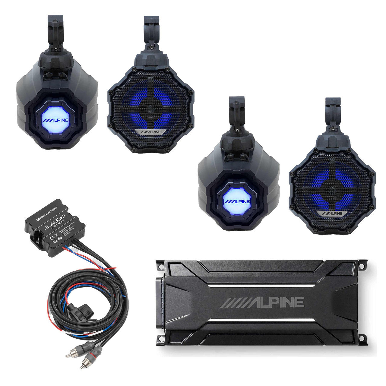 Alpine (2) SPV-65RGB-CAN 6.5” Cage-Mounted Universal Weather-Resistant Coaxial RGB LED Speaker Pods w/ Bluetooth Source and Amp