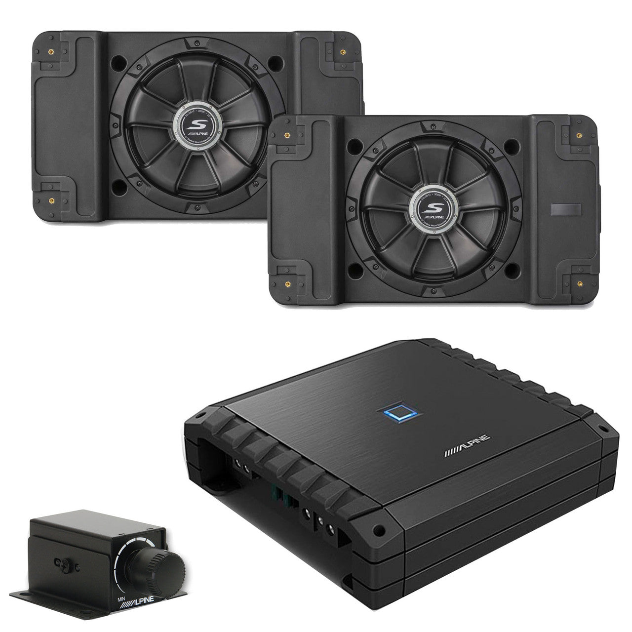 Alpine S2-A60M S-Series Class-D Amp Rux Knob & (2) SS-SB12 Single 12” S-Series Shallow Preloaded Subwoofer Enclosure