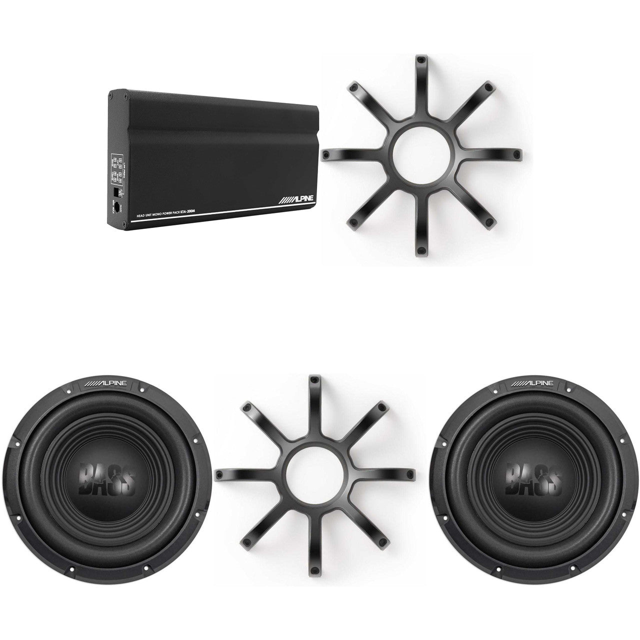 Alpine (2) W10S4 10-Inch Bass Subwoofer w/ KTE-10PG Grills & KTA-200M Mono Power Pack Amplifier with PowerStack Capability Bundle