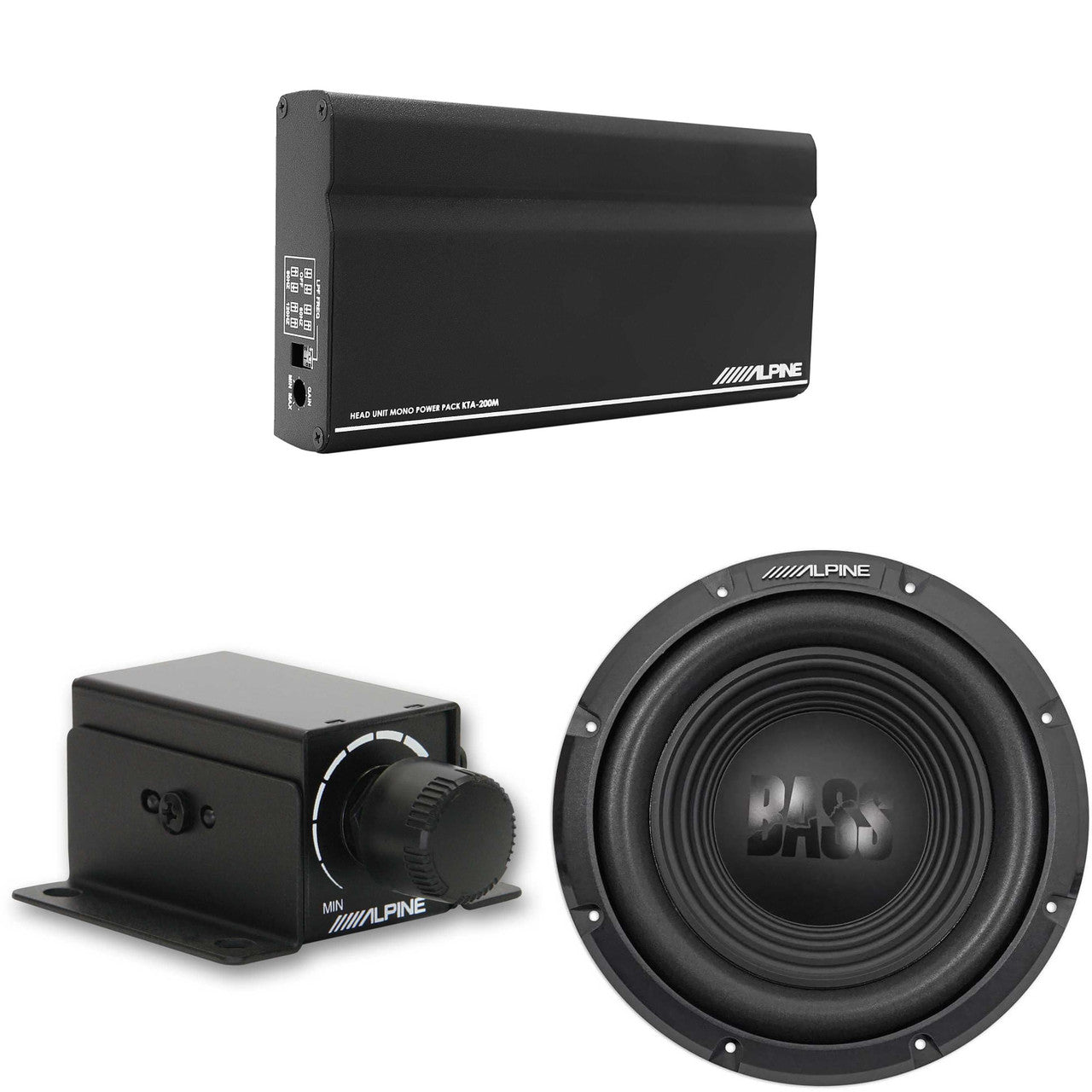 Alpine W10S4 10-Inch Bass Subwoofer w/ KTA-200M Mono Amplifier & Rux-Knob Bundle