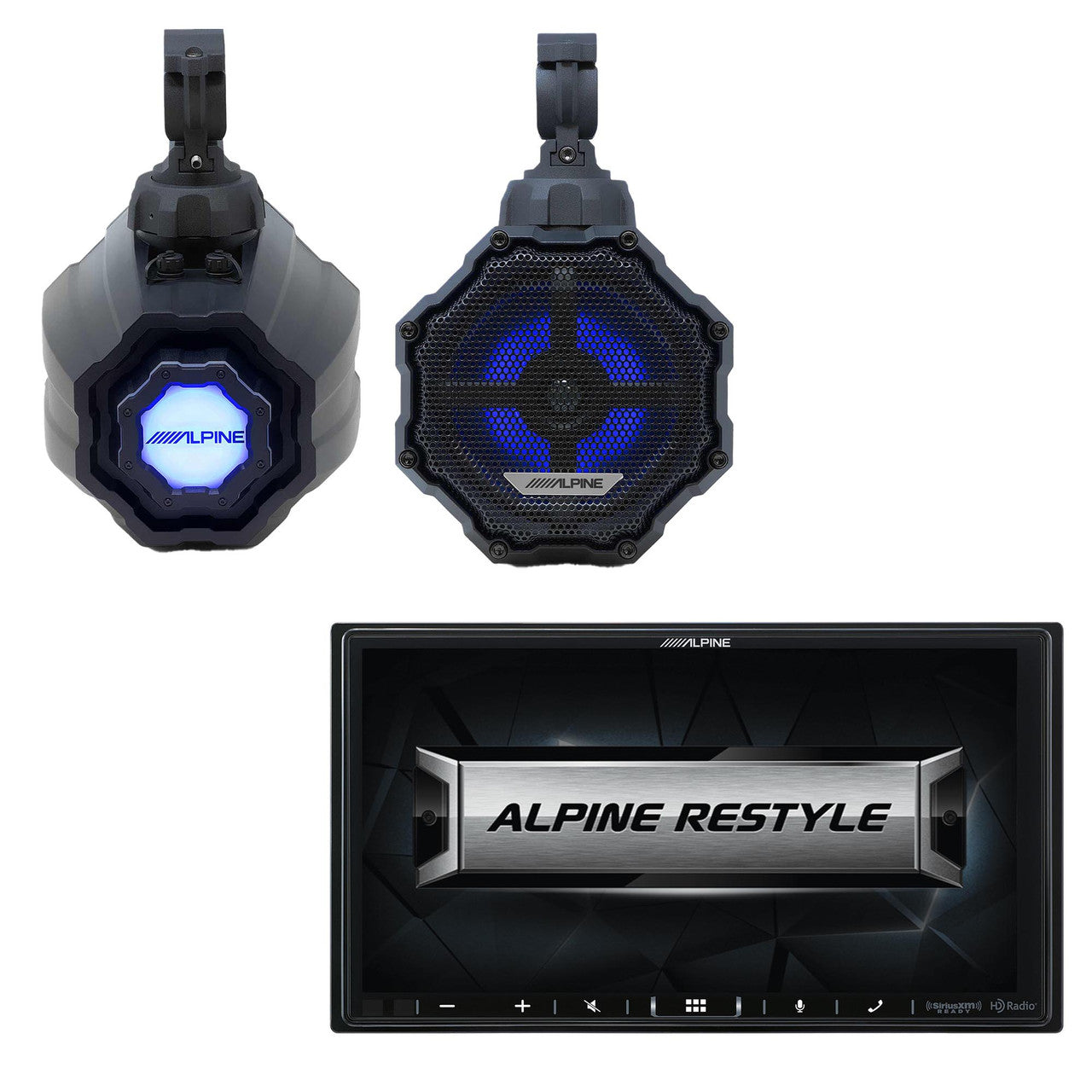 Alpine I407-WRA-JL Receiver w/ SPV-65RGB-CAN 6.5” Cage-Mounted Universal Weather-Resistant Coaxial RGB LED Speaker Pods