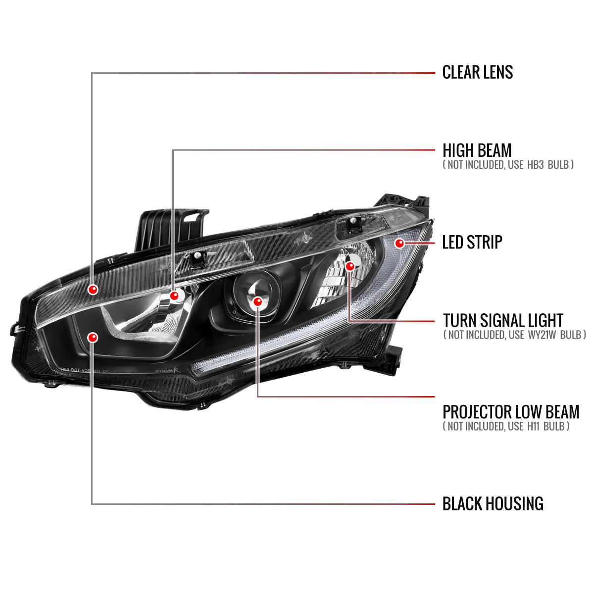 Spec-D 16-21 Honda Civic Headlights OEM Style Projector Black.