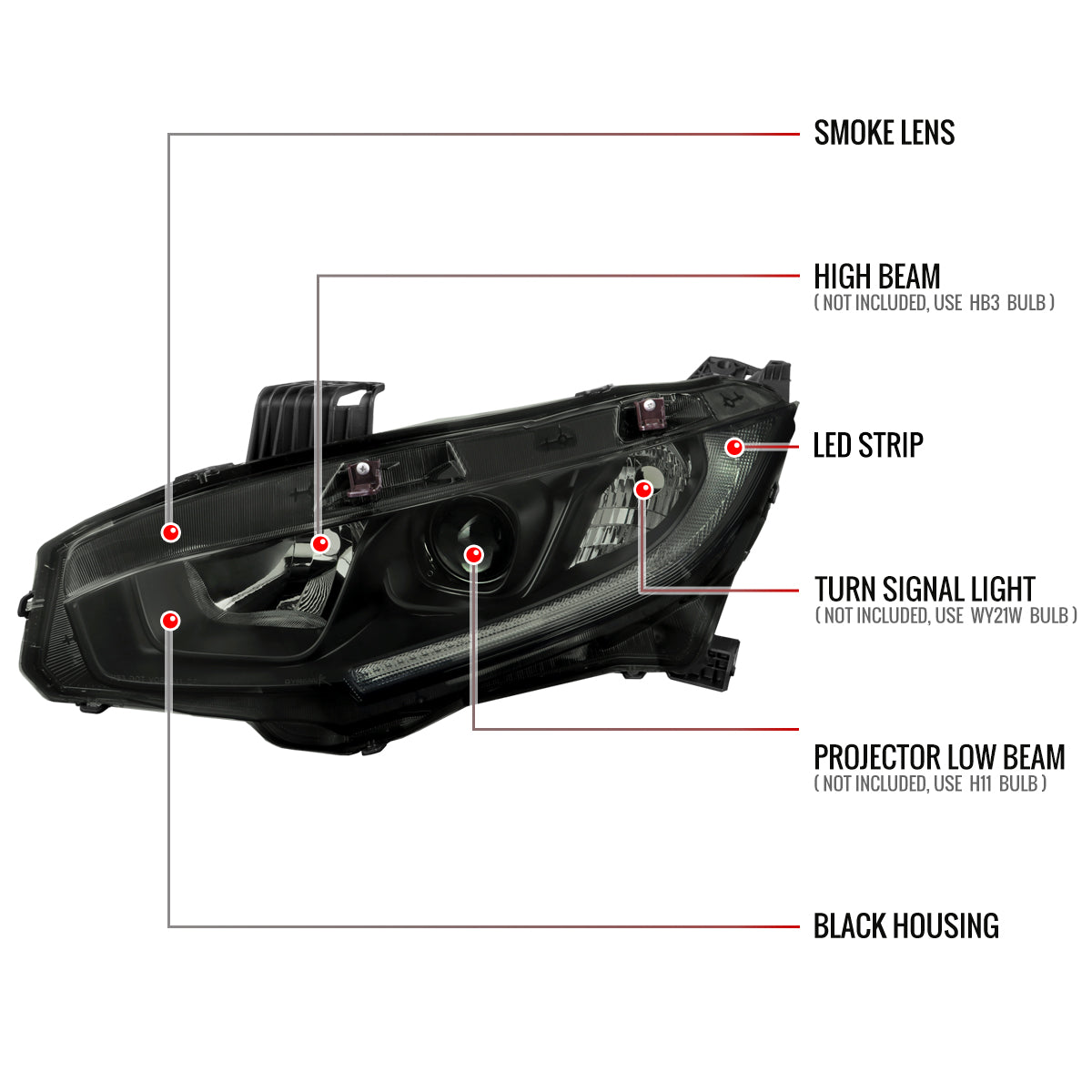 Spec-D 16-21 Honda Civic Headlights LED Strip OEM Style Black/Smoked