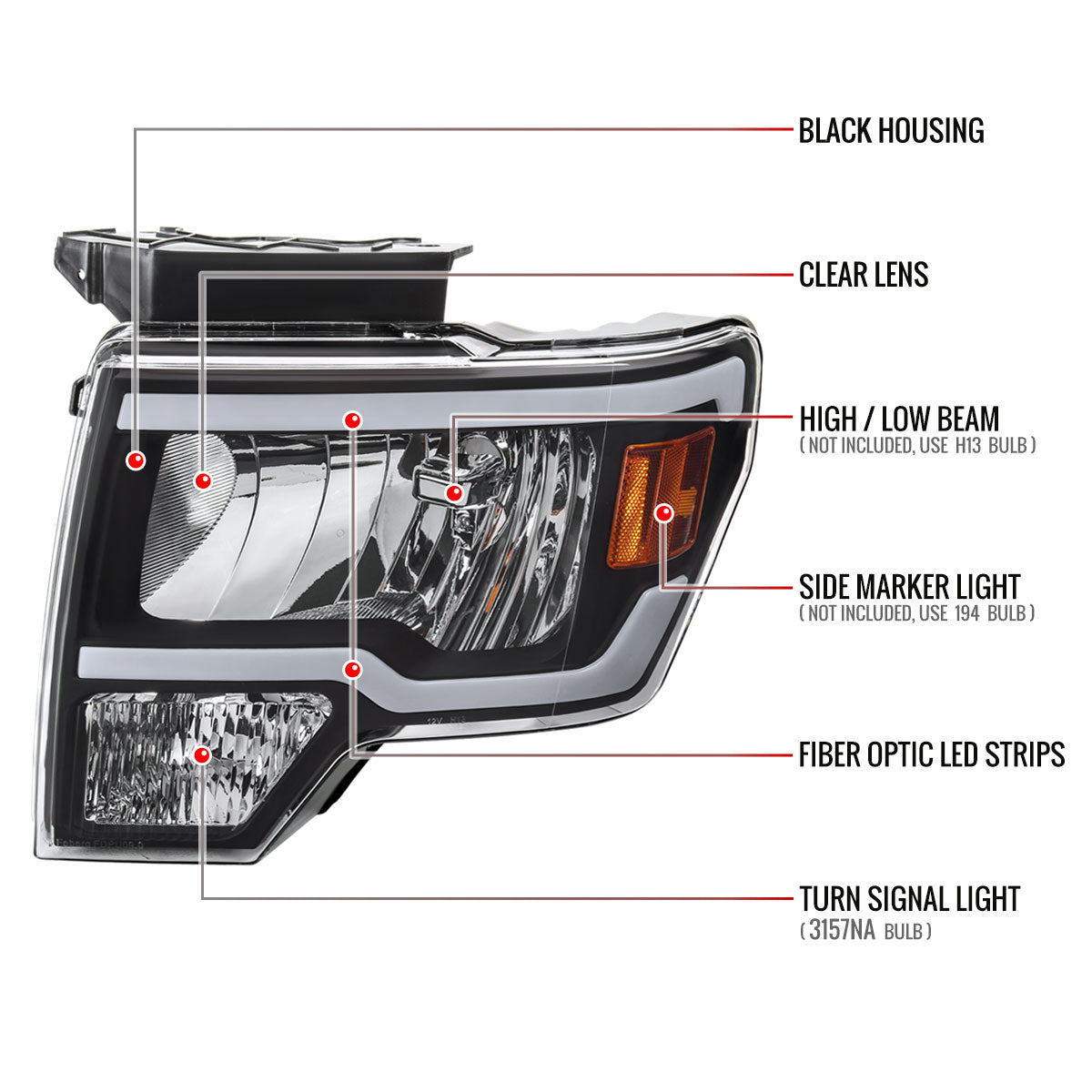 Spec-D 09-14 Ford F-150 Headlights LED Tube OEM Style Black