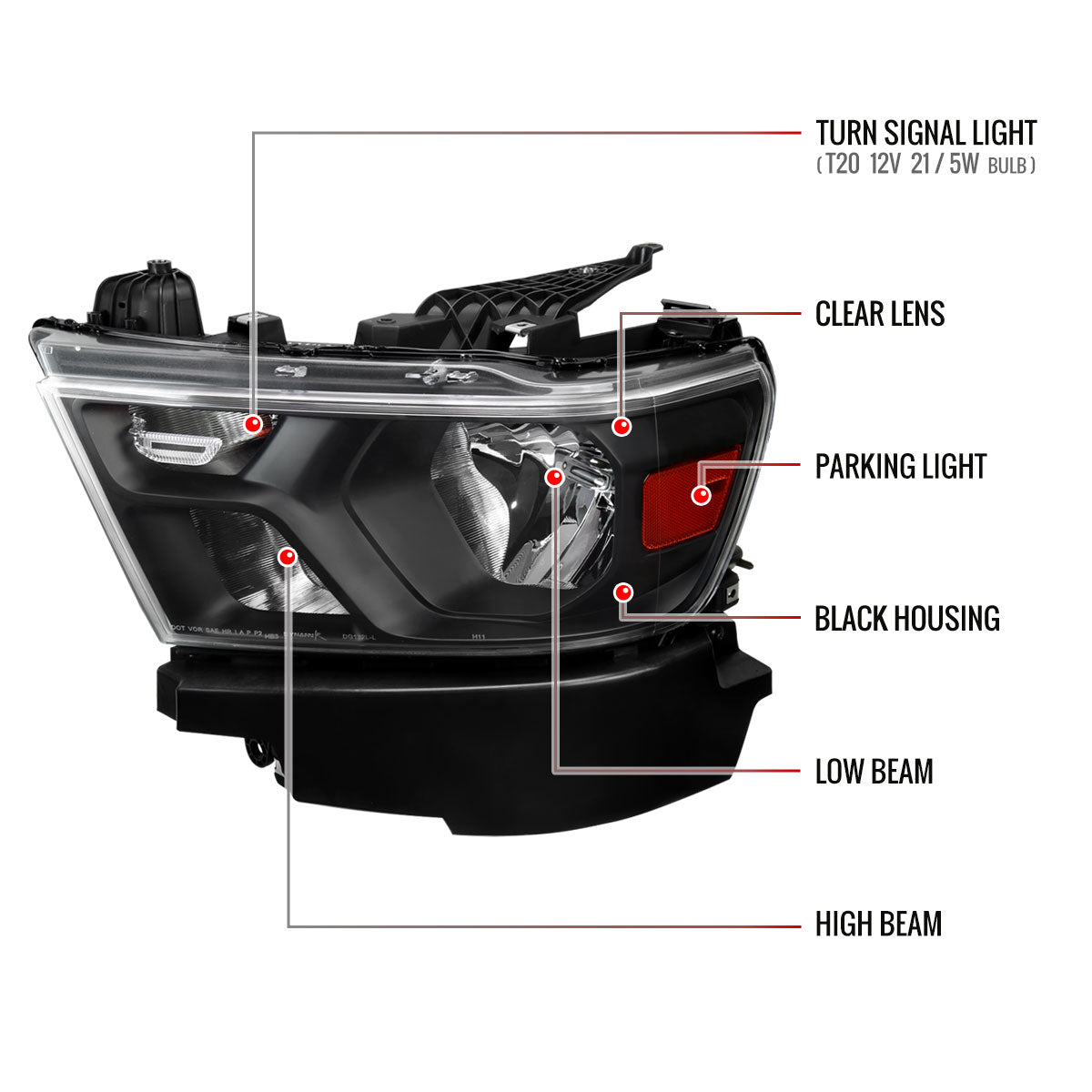 Spec-D 19-24 Ram 1500 Driver Headlight Black/Clear Replacement