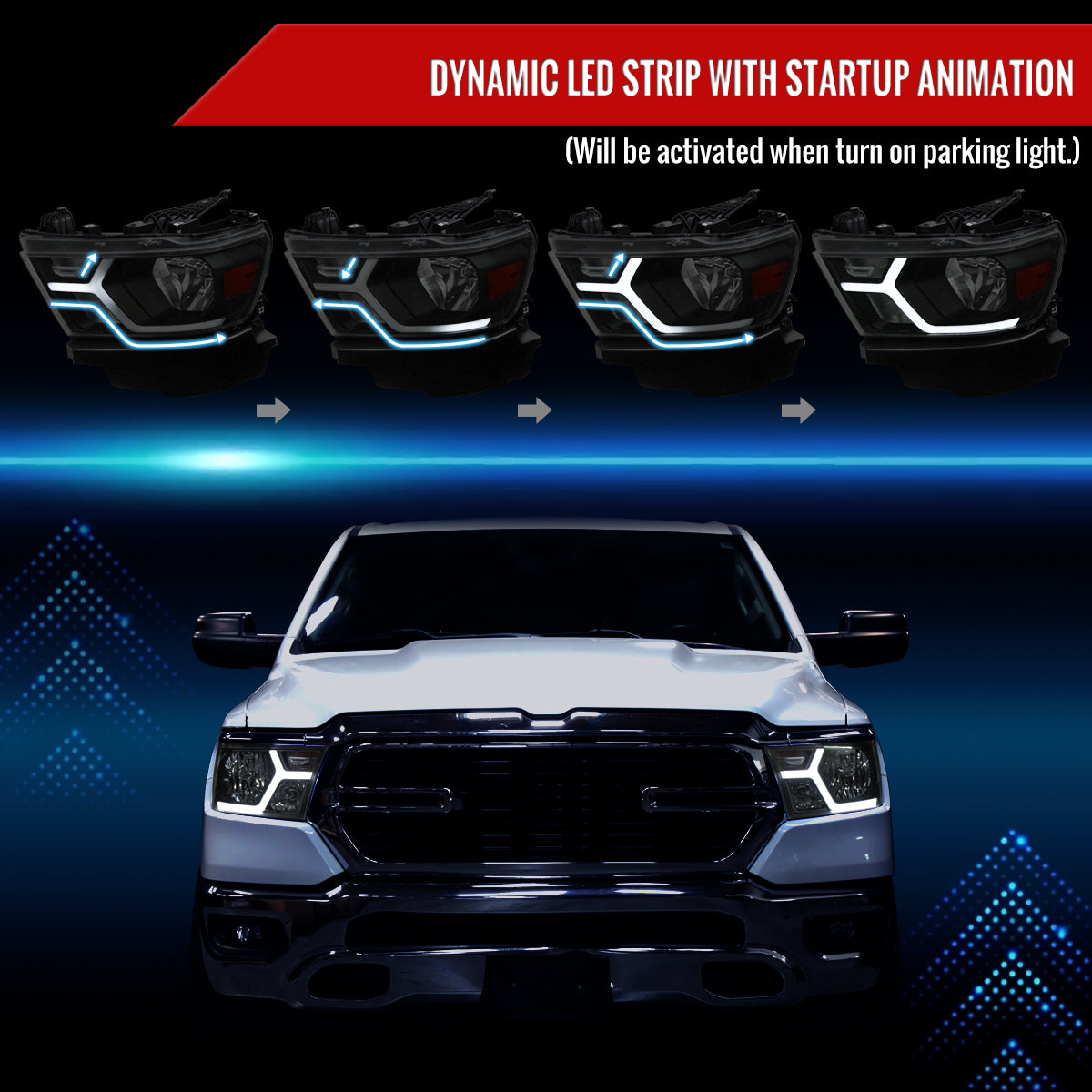 Spec-D 19-24 Ram 1500 Headlights Animated LED Bar Smoked.