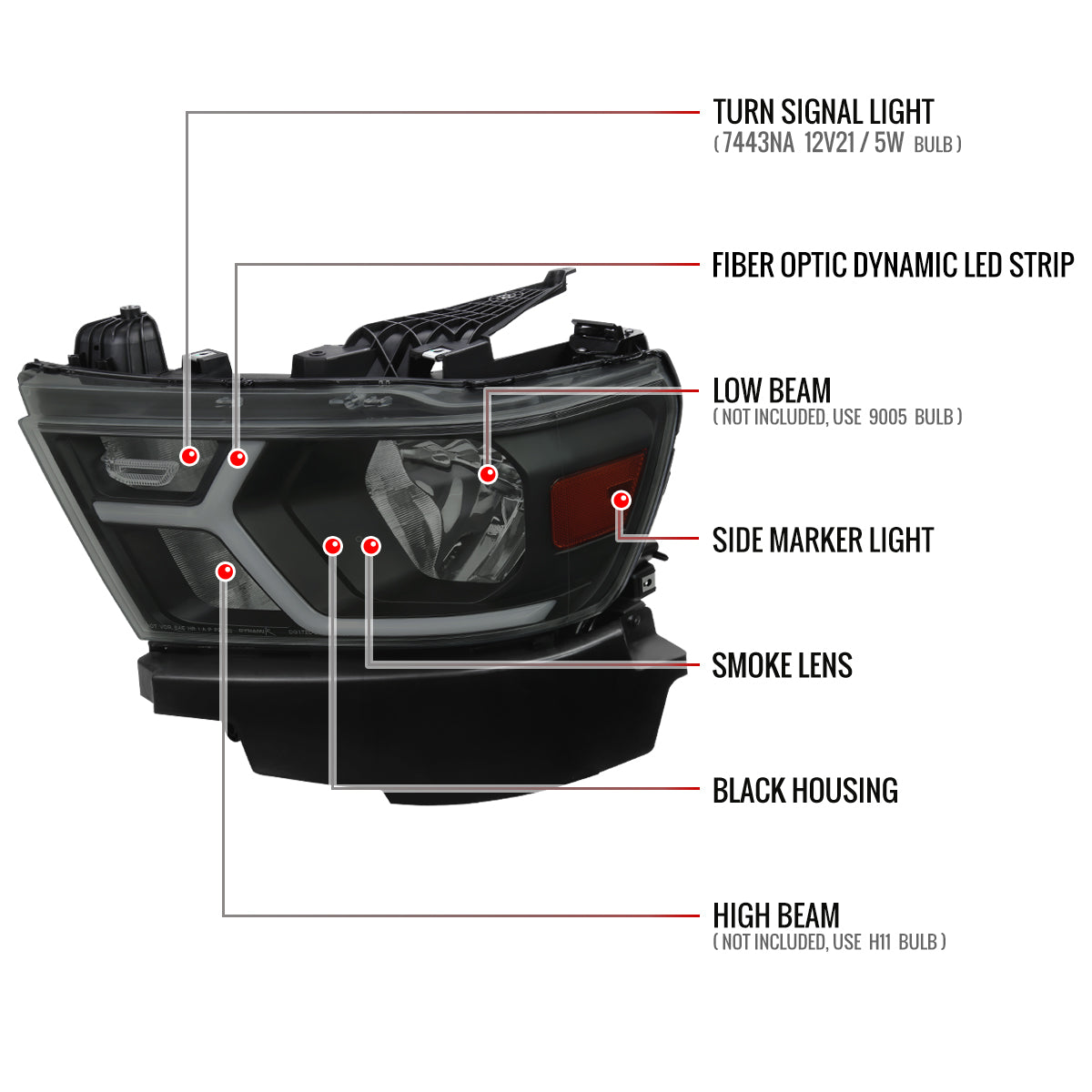 Spec-D 19-24 Ram 1500 Headlights Animated LED Bar Smoked.