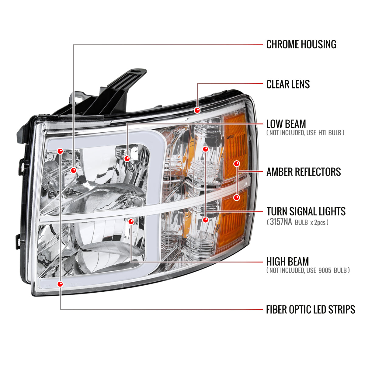 Spec-D 07-13 Silverado 1500 2500HD 3500HD Light Bar Headlights Chrome