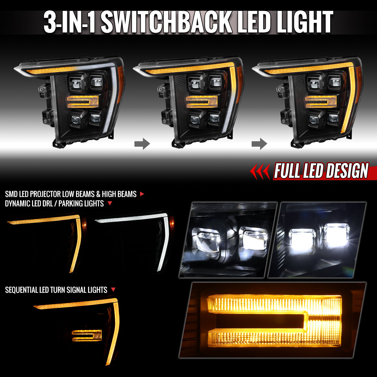 Spec-D 21-23 F-150 SEQ LED Projector Headlights OEM Matte Black/Clear