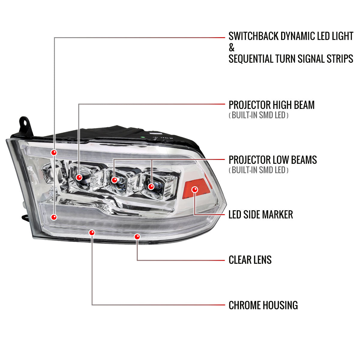 Spec-D 10-18 Ram 1500 2500 3500 Ram Classic Headlights SEQ LED Chrome