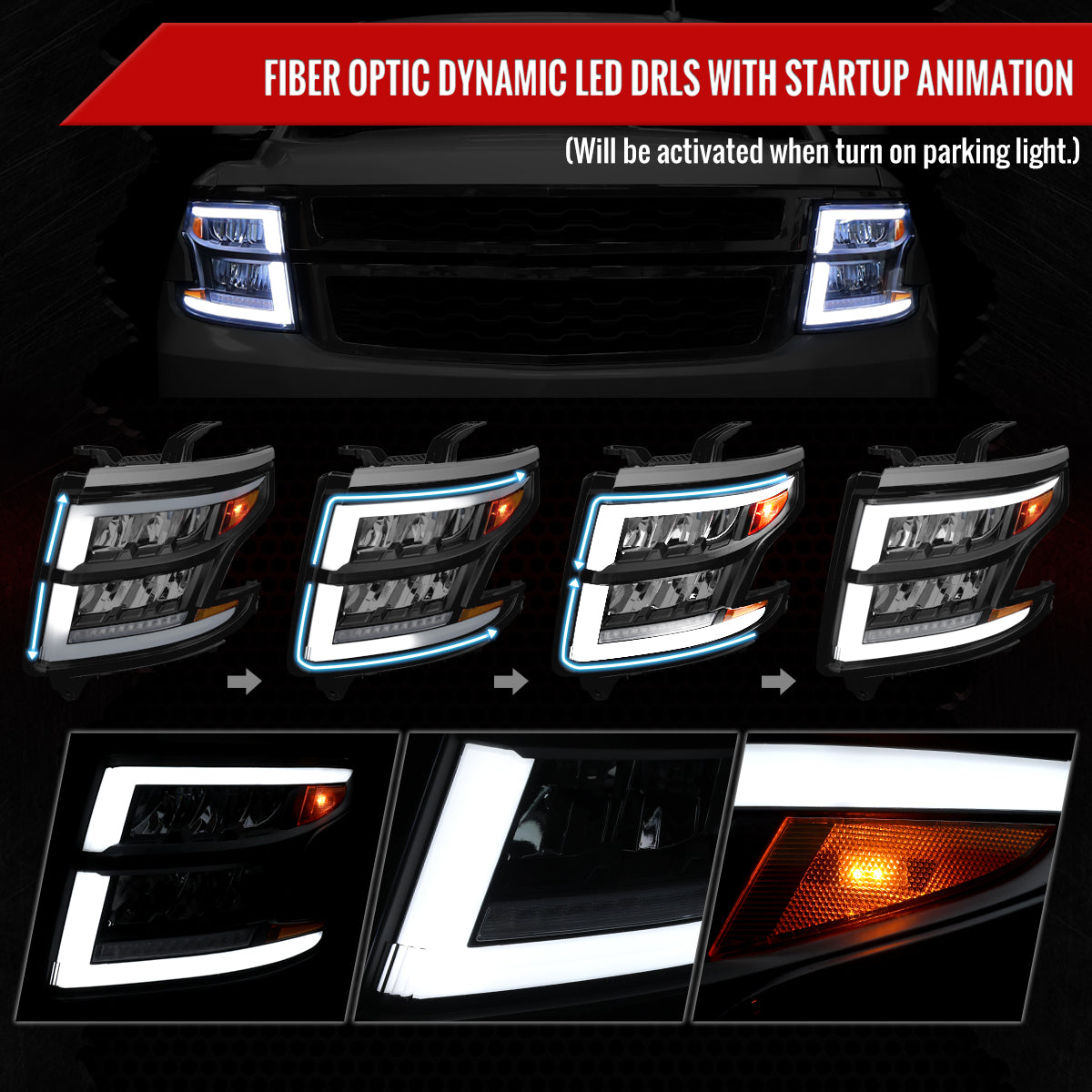 Spec-D 15-20 Chevy Tahoe Suburban Full DRL SEQ Matte Headlights Black