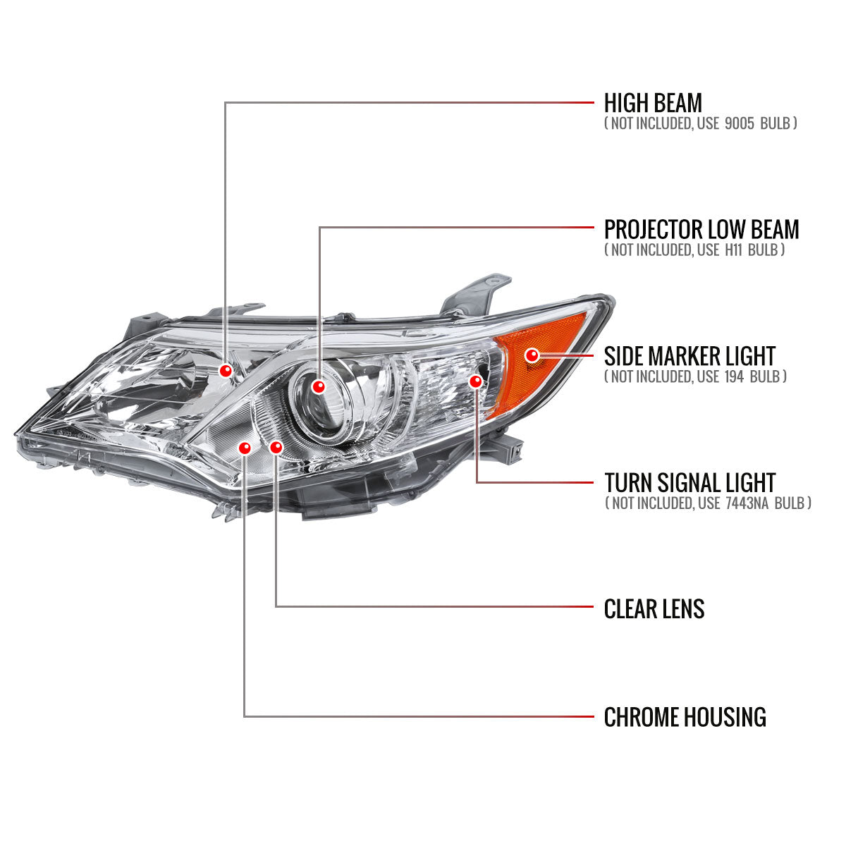 Spec-D 12-14 Toyota Camry Driver Projector Chrome Replacement