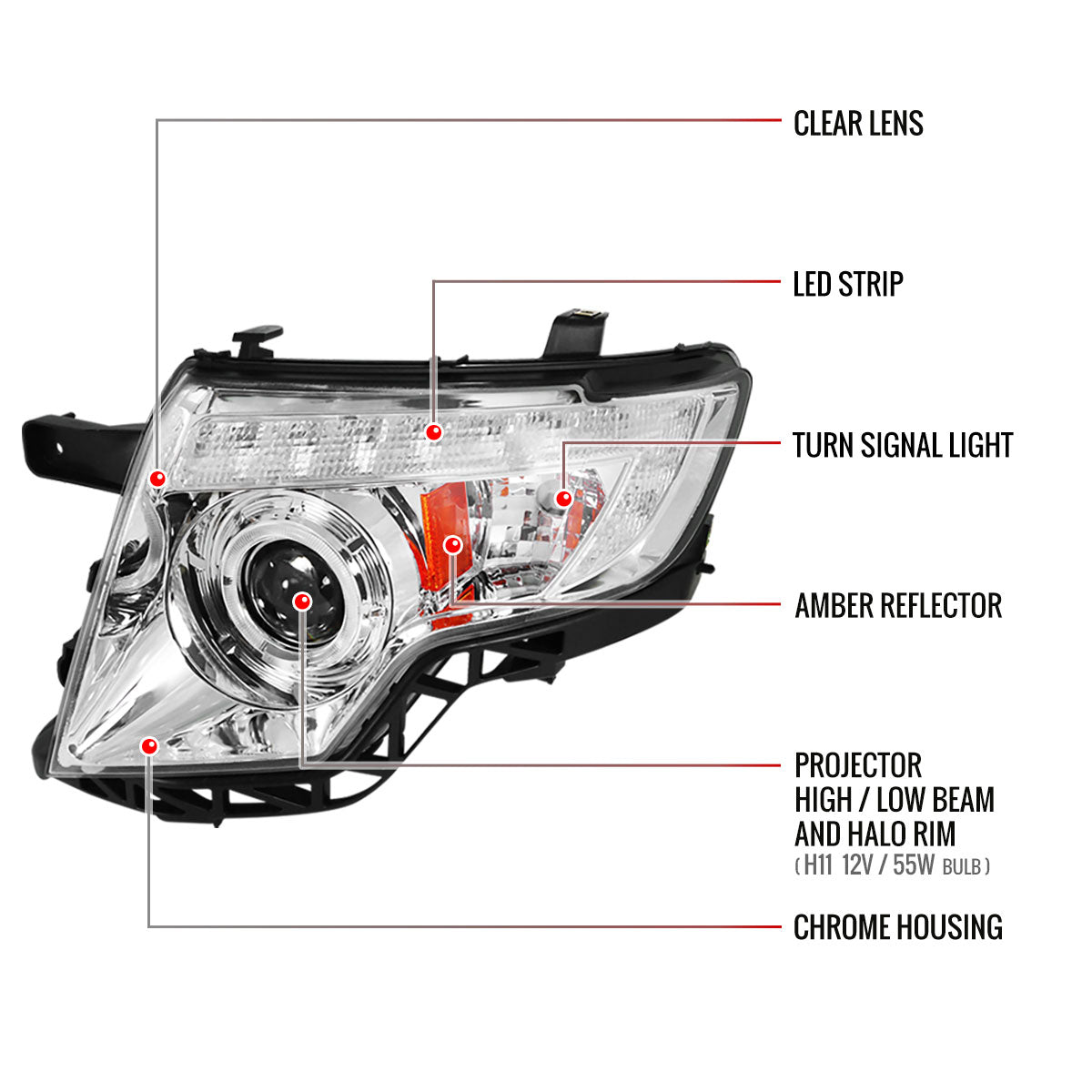 Spec-D 07-10 Ford Edge Halo Projector Headlights LED Strip Chrome