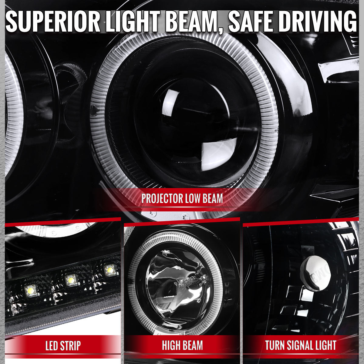 Spec-D 02-05 Ford Explorer Dual Halo Projector Headlights Strip Black