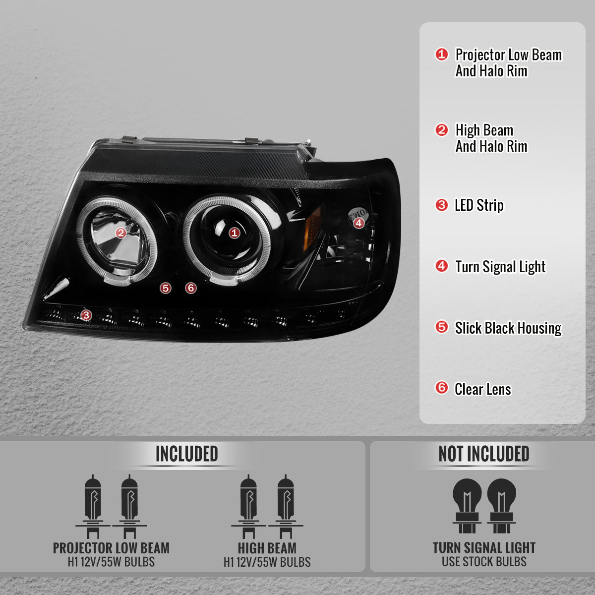 Spec-D 02-05 Ford Explorer Dual Halo Projector Headlights Strip Black