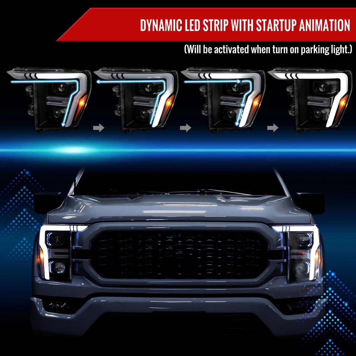 Spec-D 21-25 Ford F-150 Projector Headlights SEQ LED Bar Black