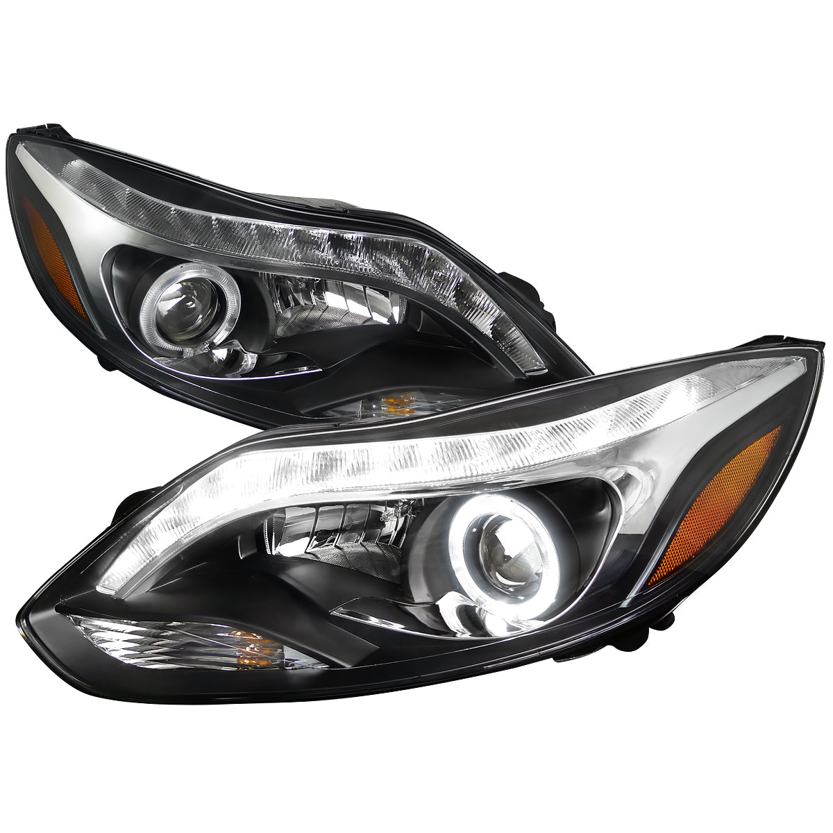 Spec-D 12-14 Ford Focus Halo Projector Headlights LED Strip Black