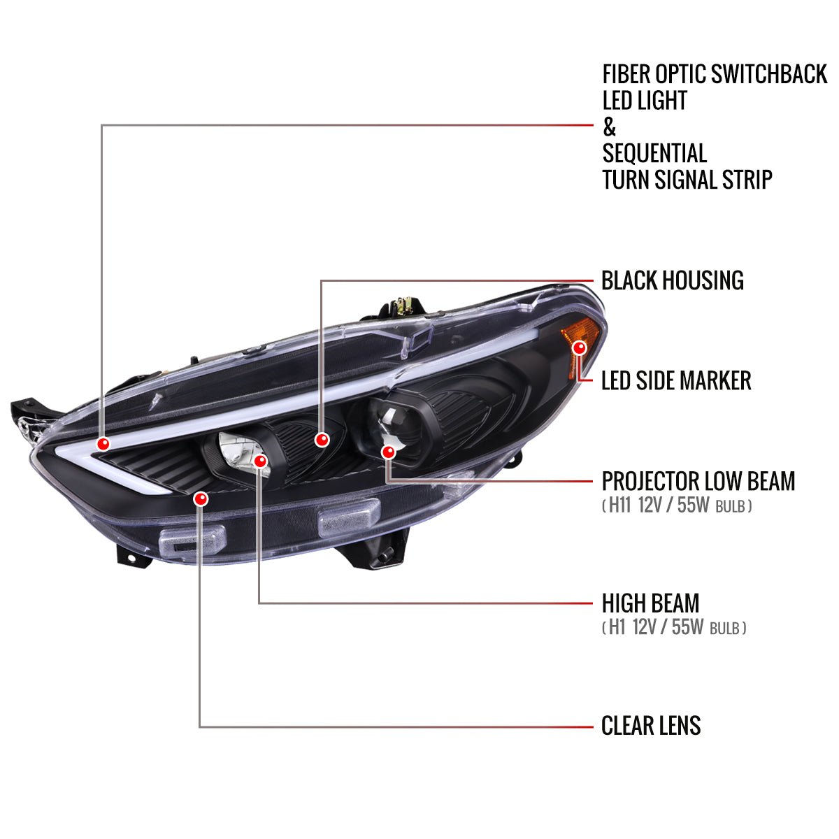 Spec-D 13-16 Ford Fusion Headlights Sequential LED Bar Black/Clear