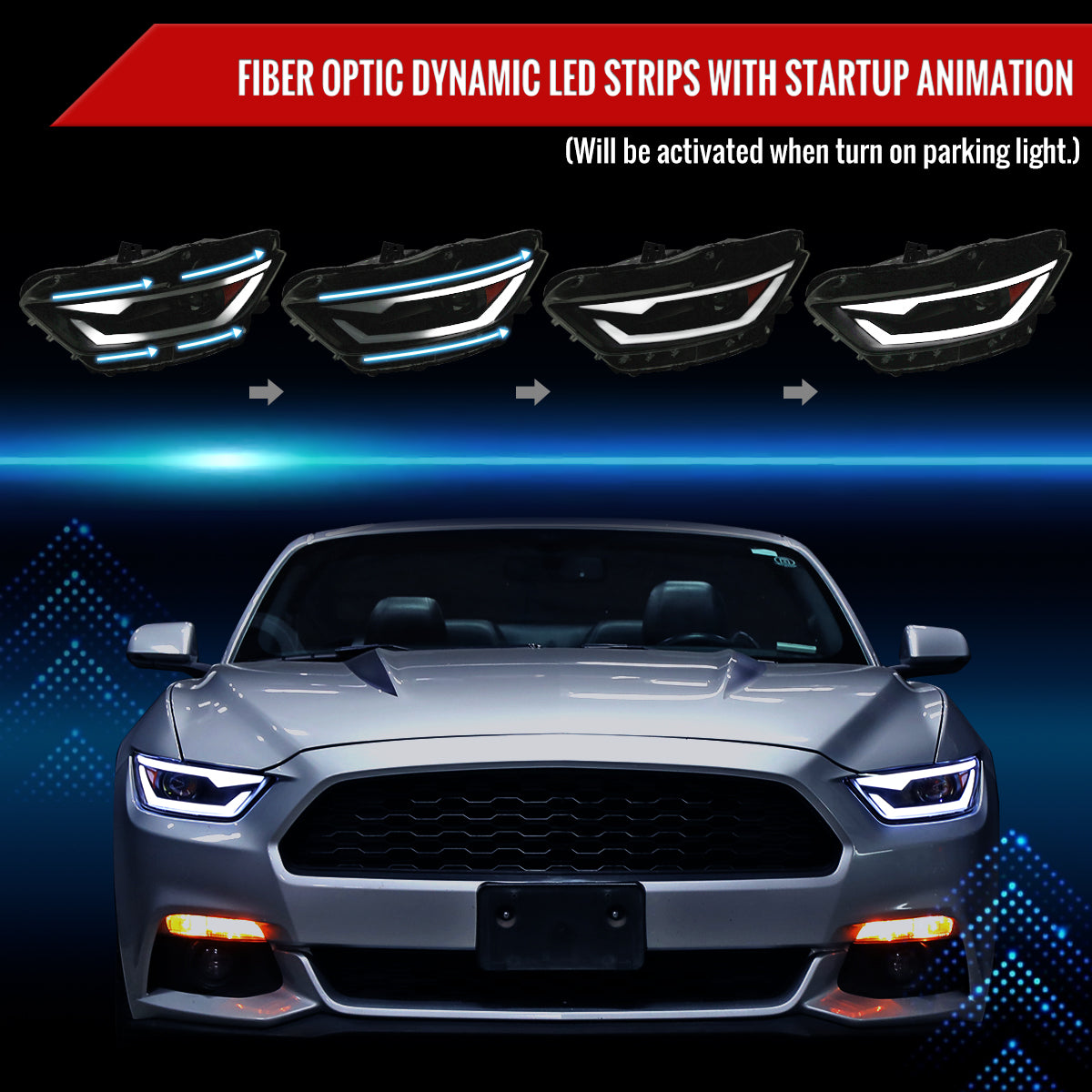 Spec-D 15-17 Ford Mustang Headlights Sequential LED Strip Smoked.