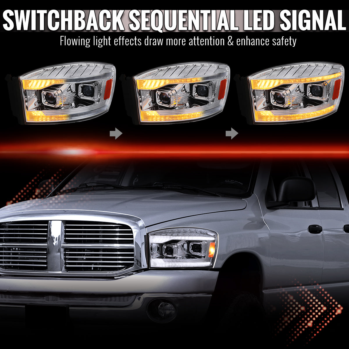 Spec-D 06-08 Ram 1500 2500 3500 SEQ Projector Headlights Chrome/Clear