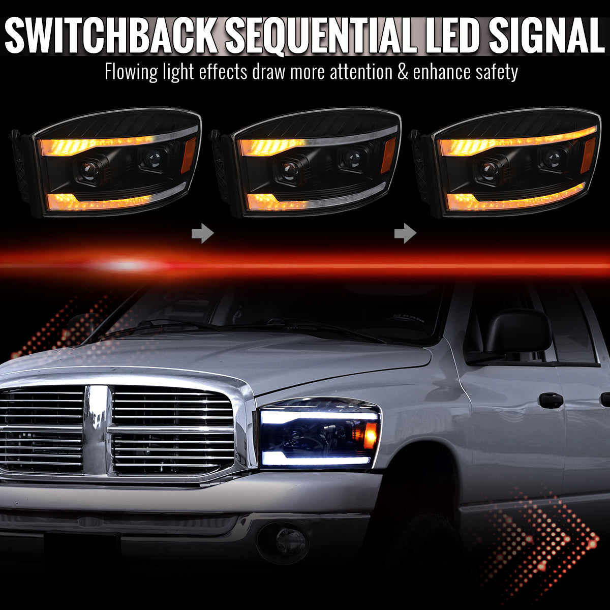 Spec-D 06-09 Ram 1500 2500 3500 SEQ Projector Headlights Black/Clear