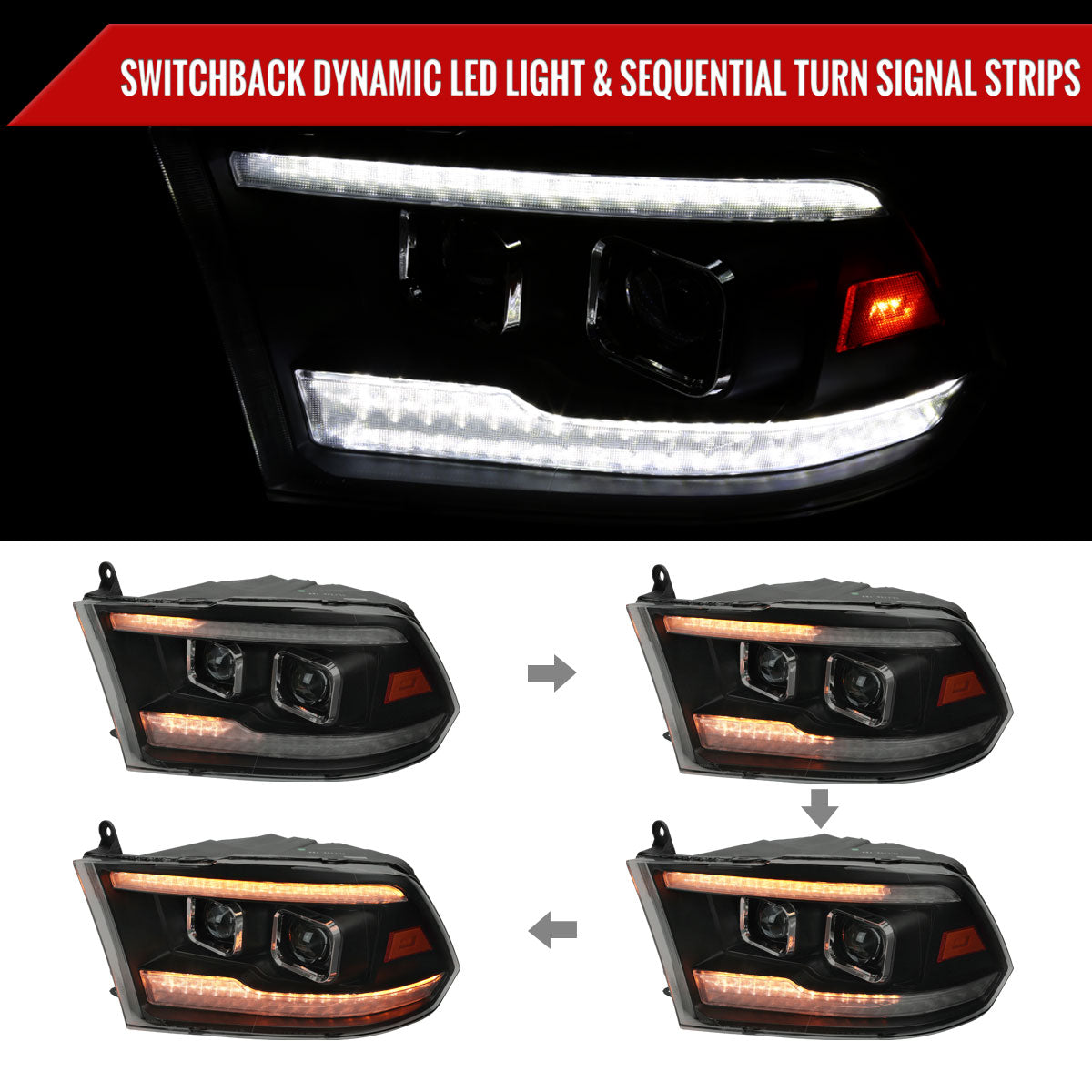 Spec-D 10-18 Ram 1500/2500/3500 Headlights Switchback Sequential Smoked.