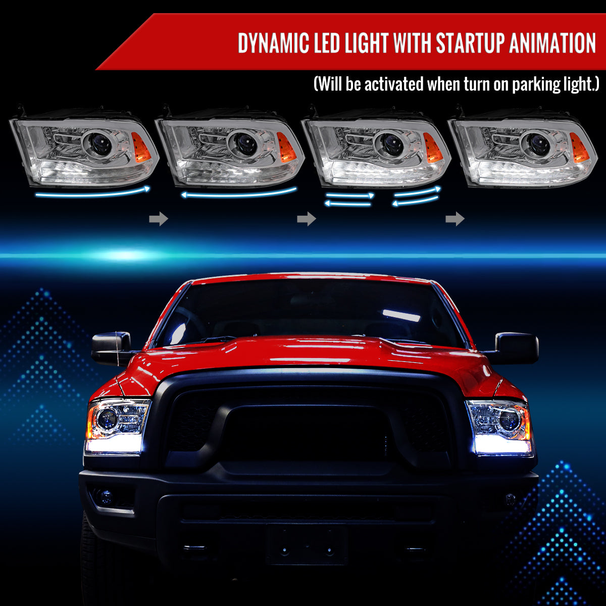 Spec-D 13-18 Ram 1500 2500 3500 SEQ Bar Projector Headlights Chrome