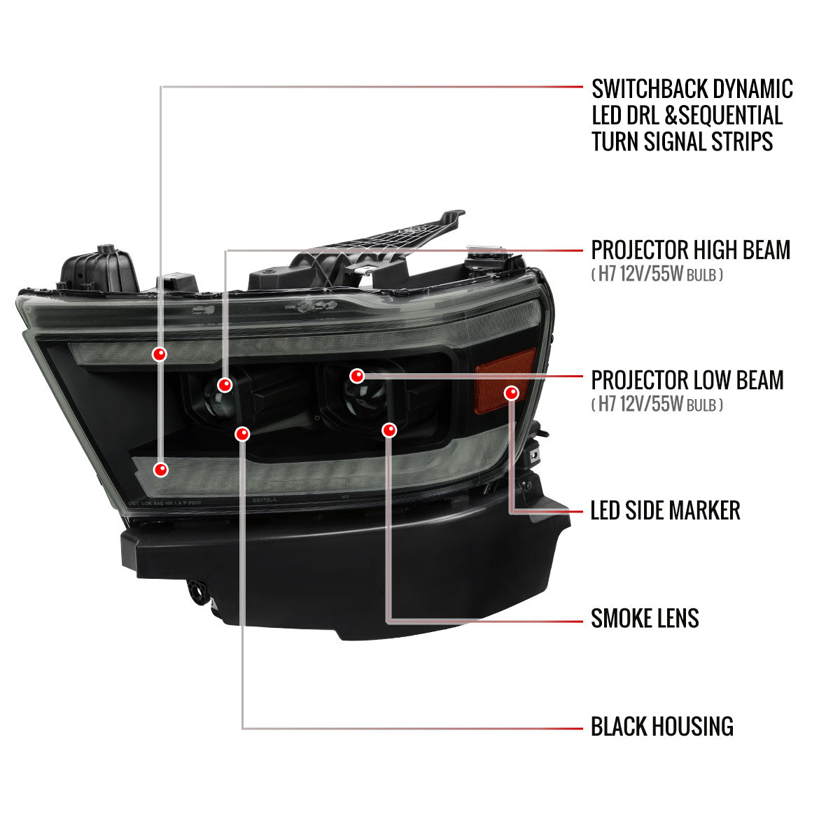 Spec-D 19-24 Ram 1500 SEQ LED Projector Headlights Black Smoked Lens