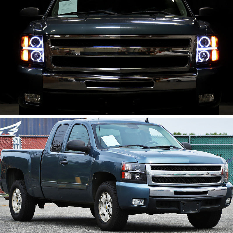 Spec-D 07-13 Silverado 1500 Dual Halo Headlights LED Bar Black/Clear